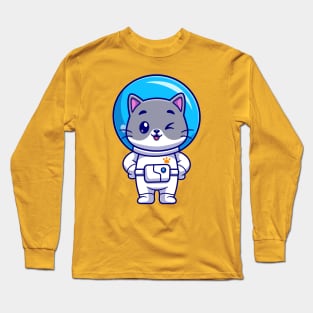 Cute Cat Astronaut Standing Cartoon Long Sleeve T-Shirt